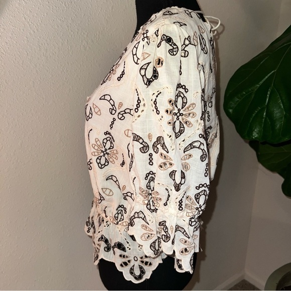 Anthropologie Women’s Eyelet Pullover Peplum Top V-Neck Cinched Waist Large - Picture 7 of 16